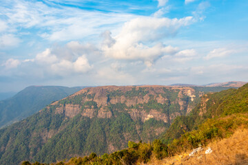 mountain with bright blue sky at morning from flat angle