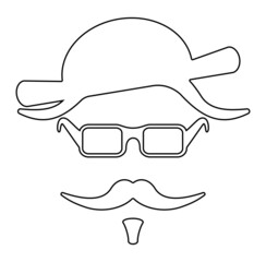 Creative hipster character outline with hat, moustache, glasses isolated on white. Vintage hipster concept vector to use in indie hipster design projects. 