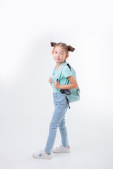  little girl with a briefcase isolated on a white background