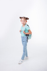  little girl with a briefcase isolated on a white background