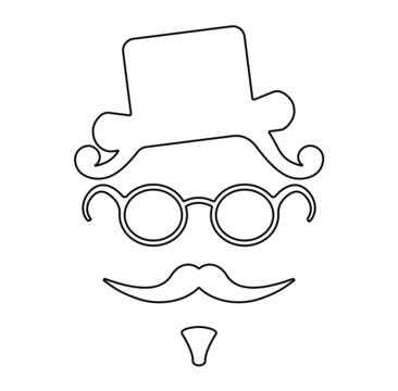 Creative hipster character outline with hat, moustache, glasses isolated on white. Vintage hipster concept vector to use in indie hipster design projects. 