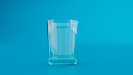 3D render of empty drink water glass isolated on blue background.