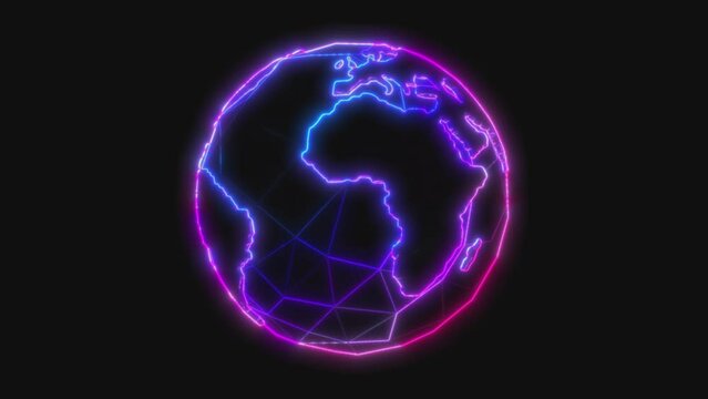 Seamless animation of low poly neon rotating earth globe with black background.