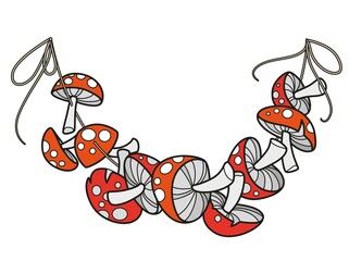 Alchemical ingredient poisonous fly agaric mushrooms strung on a rope for drying color variation for coloring page