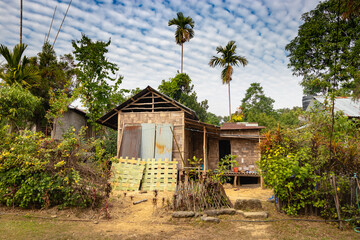 isolated vintage bamboo home at remote village at morning