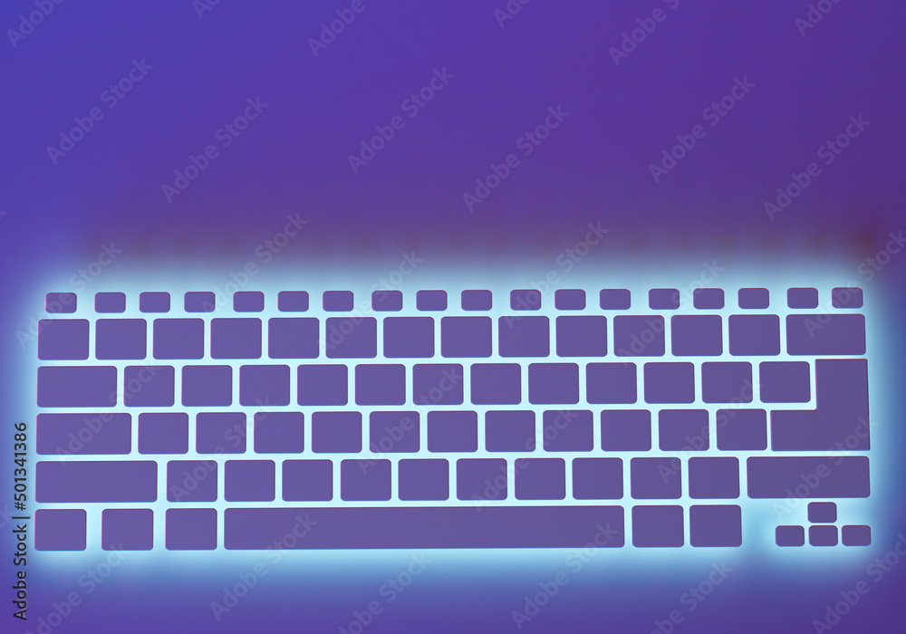 Poster keyboard buttons without anything. keyboard outline on purple background. copy space on topic of ele