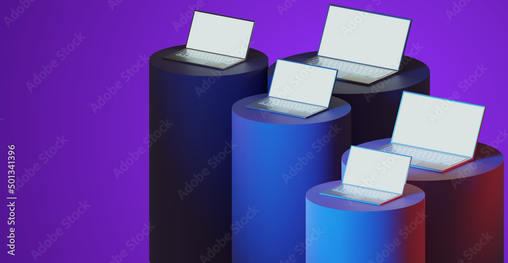 Poster laptop mock up. laptops on pedestals. three-dimensional laptop mock up. template from computer for a