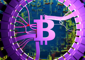 Bitcoin technology. Bitcoin Label with wires and diagrams. Bitcoin Technology for mining. Getting cryptocurrencies through mining. Money blockchain symbol in neon light. Electronic money. 3d image.