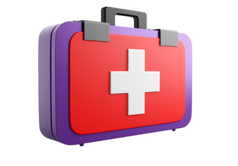 Medical suitcase. Medical worker badge on bags. Suitcase with medical cross for medicines. White cross is symbol of healthcare and health care. Doctor's bag isolated on white. 3d rendering.