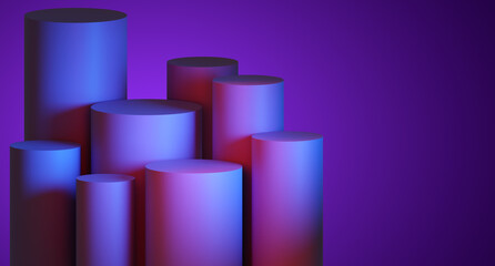 Podium stand. Multi-tiered advertising pedestal. Podium stand on purple background. Pedestal to showcase your product. Template for advertising with coasters. Volumetric podium. Copy space. 3d image.