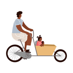 African American man riding a cargo cycle, bakfiets bike, his daughter sitting in the cart. Outdoor family pastime