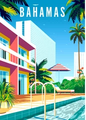 Foto op Plexiglas Bahamas travel poster. Beautiful landscape with houses, hotels, pool, palms and sea in the background. Handmade drawing vector illustration. © alaver