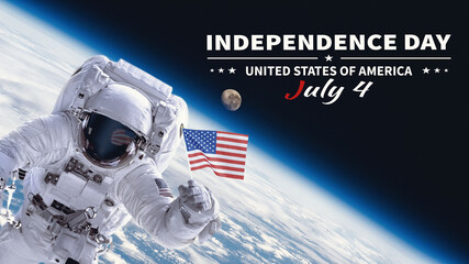 Astronaut with USA flag . Independence Day . Elements of this image furnished by NASA.