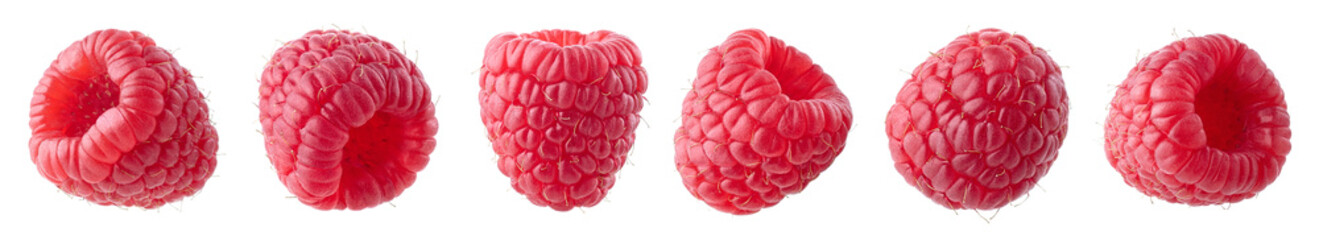 Collection or set of various fresh ripe raspberries on white background