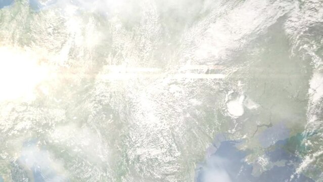 Earth zoom in from outer space to city. Zooming on Ternopil, Ukraine. The animation continues by zoom out through clouds and atmosphere into space. Images from NASA