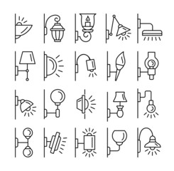 Sconces. Line icon set. Different types of exterior and interior wall lights. Modern and antique wall lamps. Isolated objects
