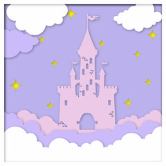 Fototapeta premium Layered paper cut Castle. Cartoon colorful castle paper craft style. shadow box