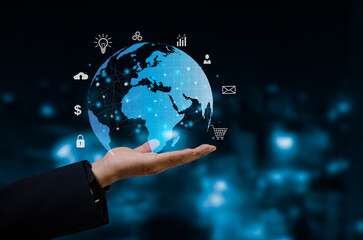 Digital communication and virtual technology concept WEB 3.0.hand touch globe internet.