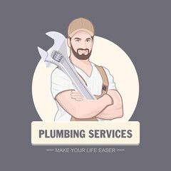 Plumbing services logo with a male plumber who holds an adjustable wrench in his hands