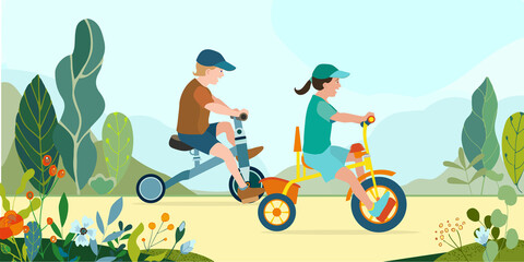 Flat happy kids on bicycles on a park road with flowers and leaves. Children riding colorful bikes outdoor sport in natural summer landscape by pathway track through green. Vector illustration.