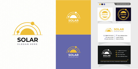 Solar logotype template with creative modern concept logo and business card design premium. Abstract sun icon with orbits planets in round. Vector illustration.