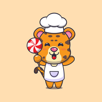 cute leopard chef mascot cartoon character holding candy