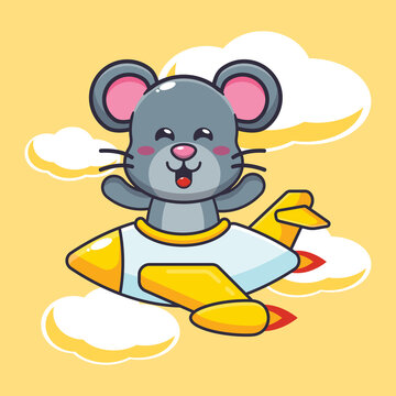 cute mouse mascot cartoon character ride on plane jet