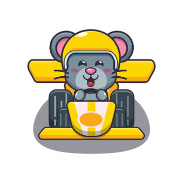 cute mouse mascot cartoon character riding race car