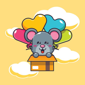 cute mouse mascot cartoon character fly with balloon