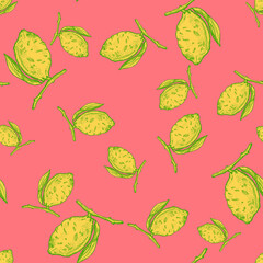 Seamless pattern lemon on branch with leaves engraving. Vintage background of citrus fruits in hand drawn style.