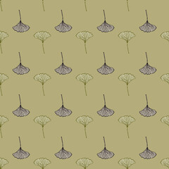 Seamless pattern engraved leaves Ginkgo Biloba. Vintage background botanical with foliage in hand drawn style.