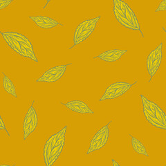Seamless pattern engraved tree leaves. Vintage background botanical with foliage in hand drawn style.