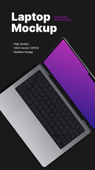 Laptop Mockup. Vertical Design for Advertisement in Social Media. Dark Minimalistic Style for Presentation. Vector illustration