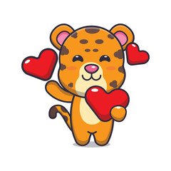 Obraz na płótnie Canvas cute leopard cartoon character holding love heart in valentines day