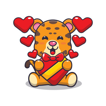 cute happy leopard cartoon character in valentines day