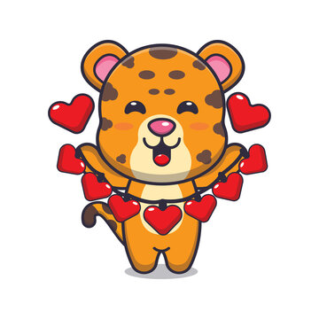 cute leopard cartoon character holding love decoration
