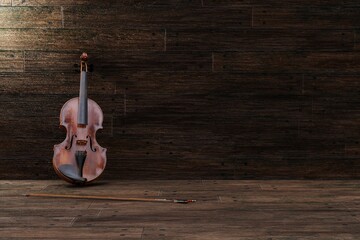 Violin on wooden floor background. Musical instrument template. Vintage violin with copy space.