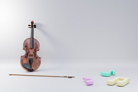 Musical instrument template. Violin and music notes with copy space on white background. 3D rendering image.