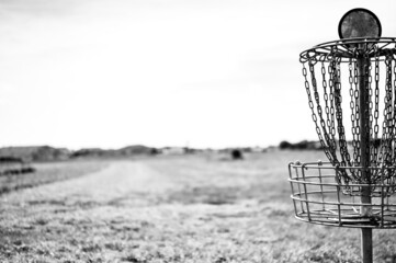 Disc golf goal chains gently swaying in the breeze with a green course in the background