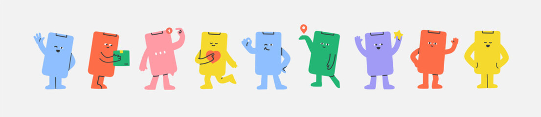 Set of mobile phone characters with various face, arms and legs. Cellphone with gestures hi, high five, OK, hooray. Notification, delivery, like, navigation, rating concept. Vector set of smartphones