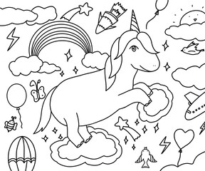 Unicorn on the sky, rainbow, balloon, coloring pages for kids and adults.