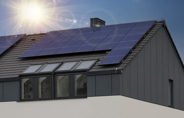 Solar panels will give the roof of a modern Scandinavian style house. Clear sky and sunshine....