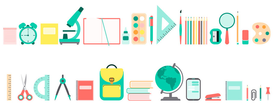 Flat design of school tools, supplies, stationery . Set of colored icons, pictograms. Pen, globe, backpack, ruler, book, brush, pencil and other items. Vector illustration isolated on white