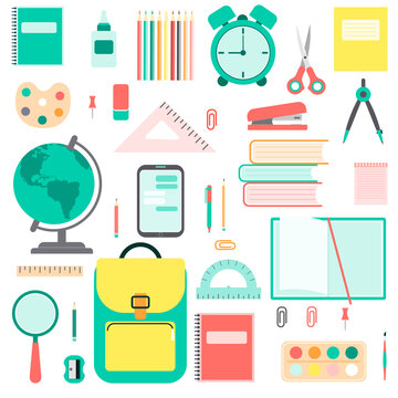 Flat design of school  tools, supplies, stationery . Set of colored icons, pictograms. Pen, globe, backpack, ruler, book, brush, pencil and other items. Vector illustration isolated on white
