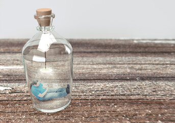 A man is frustrated reading the news from his phone. Isolation in a bottle - 3D illustration.