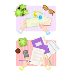 Top view of hands signing document and sending letter set vector illustration