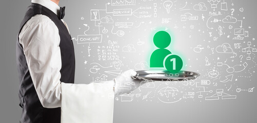 Close-up of waiter serving social media icons