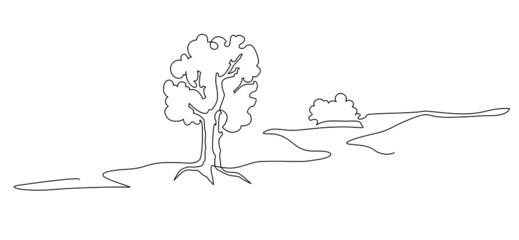 Landscape park with path and trees. Continuous line drawing illustration.