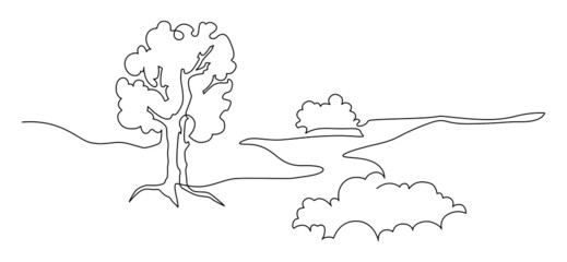 Landscape park with path and trees. Continuous line drawing illustration.