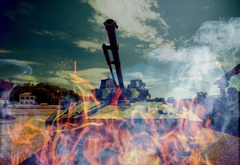 Military tank with rifle against flame